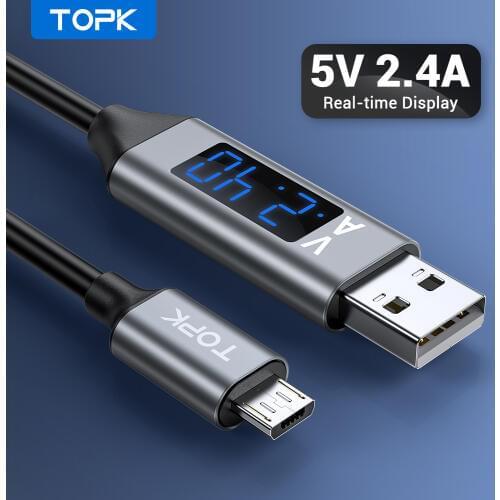 TOPK 1M Micro USB Cable Voltage and Current Display Data Sync USB Cable For Samsung Xiaomi Micro USB Port