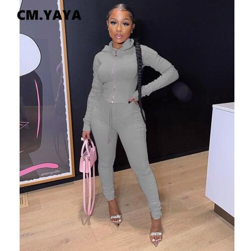 CM.YAYA Women Pants Set Solid Hooded Slim Tops + Pencil Pants Two 2 Piece Sets Active Tracksuit Fashion Outfits Sweatsuit Autumn
