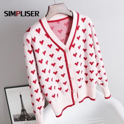 V-neck Heart Cardigans Women 2021 Autumn Spring Knitting Coats Female Long Sleece Knitted Sweaters Single Breasted Cardigan