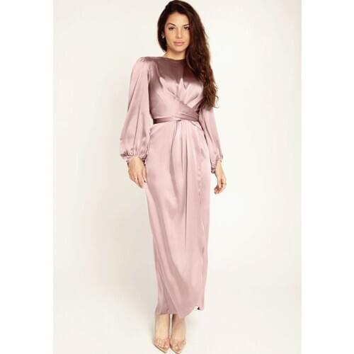 WEPBEL Arab Islamic Dress Dubai Satin High Waist Abaya Women Muslim Dress Soft Elegant Corset Long Sleeve Robe Marocain Kaftan