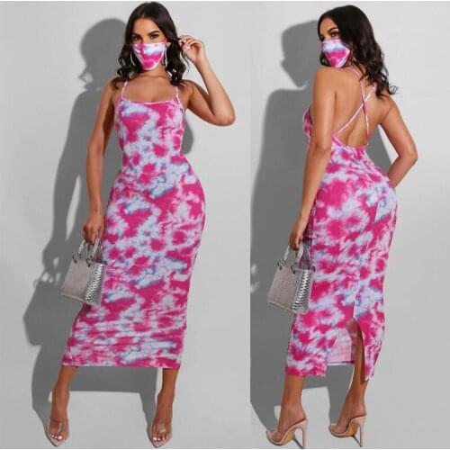 Womens Straps Sexy Dress Summer Digital Print Dress 2021 Temperament Sexy Halter Dress Women Sexy Hip-Covering Dress with Mask