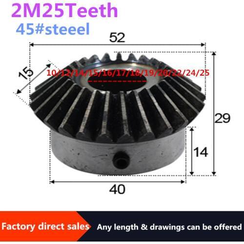 1pc Bevel Gear 2M 25Teeth inner hole 10/12/14/15/16/17/18/19/20/22 mm gear 90 degrees meshing angle Steel Gears Screw Hole M5