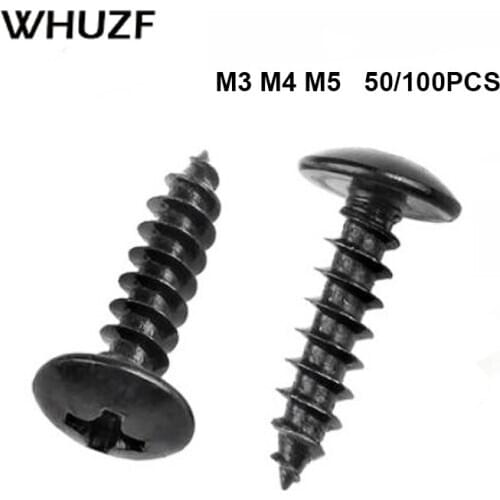 50/100pcs M3 M4 M5*L Carbon Steel With Black Phillips Truss Head (cross Recessed Mushroom Head) Self Tapping Screws