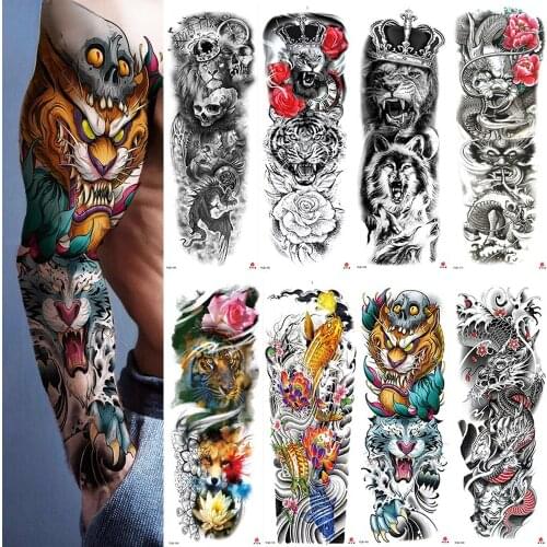 Large Arm Sleeve Tattoo Lion Crown King Rose Waterproof Temporary Tatoo Sticker Dragon Tiger Men Full Skull Totem fake tatto