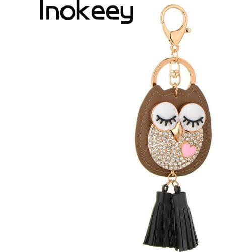 Inokeey Alloy Grey Brown Color Leather Owl Key Ring Men Women Metal Rhinestone Animal Key Chain Boys' Girls Bag Key Accessories