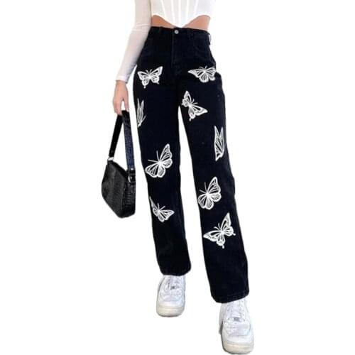 Butterfly Print Black Trousers Women Spring 2021 Fashion All-match High Waist Loose Straight Jeans Female Casual Wide Leg Jeans