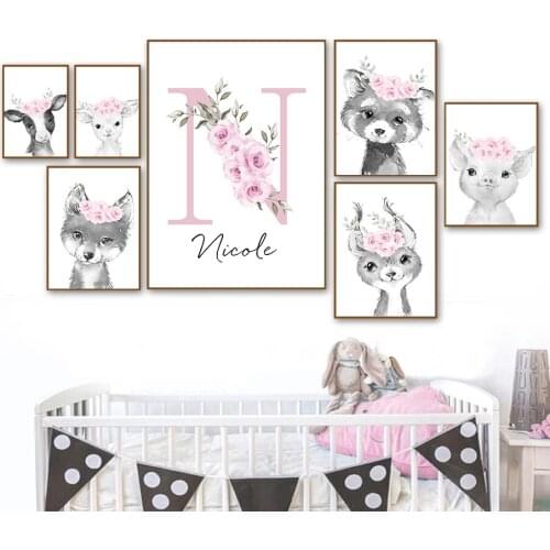 Personalized Poster Baby Name Custom Wall Art Print Nursery Pink Flower Animals Canvas Painting Decoration Girl Birth Gift Decor