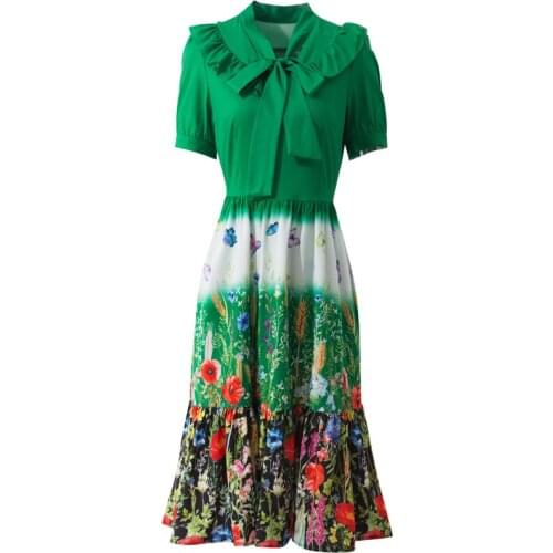 DIDABOLE Designer Summer New WomenS Bohemian Fashion Party Casual Ruffles Elegant Chic High Quality Printed Green Dress
