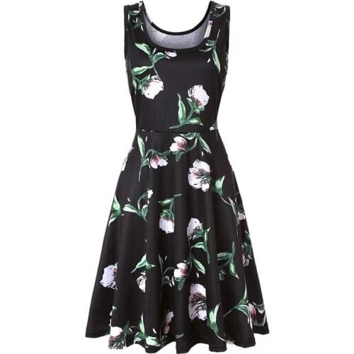 Elegant Fashion Summer Lily Flower Print A-line Sundress Sleeveless Pullover Fitted Clothes To Knees Dresses For Women