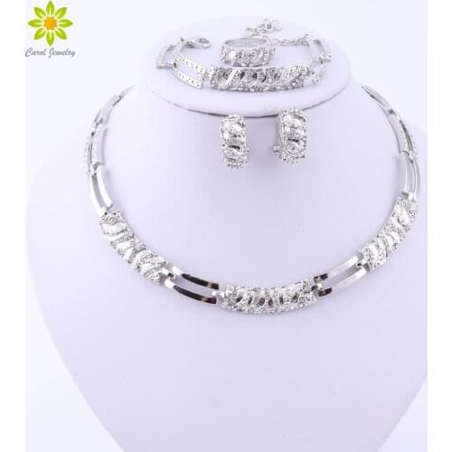 Elegant Fashion Silver Plated Jewelry Sets Crystal African Beads Necklace Earrings Ring Bracelet Set For Women