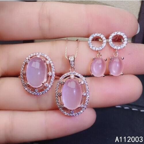 KJJEAXCMY Fine Jewelry 925 sterling silver inlaid natural Rose Quartz female ring pendant earring set beautiful supports test
