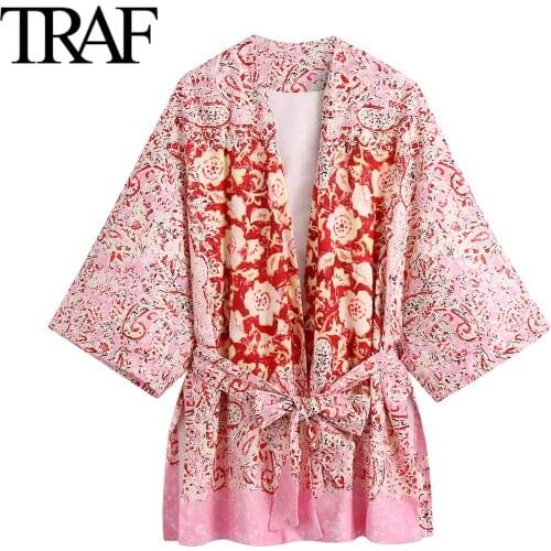 TRAF Za Womens Clothes Spring Autumn French Fashion Jacket Coats Boho Vintage Tunic Loose Print Kimono Wrap Coat
