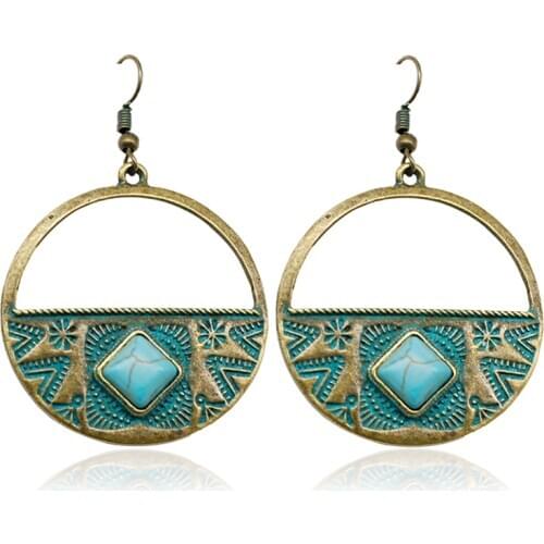 Trendy Classic Bohemian Ethinic Carving Cameo Patterns Circle Round Bronze Crystal Inlaid Hoop Earrings Ladies Body Jewelry