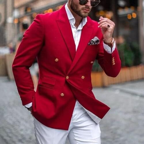 Costume Homme Wedding Men Suits Red Double Breasted Jacket White Pant Masculino Terno Slim Fit Groom 2 Pieces Jacket+Pant