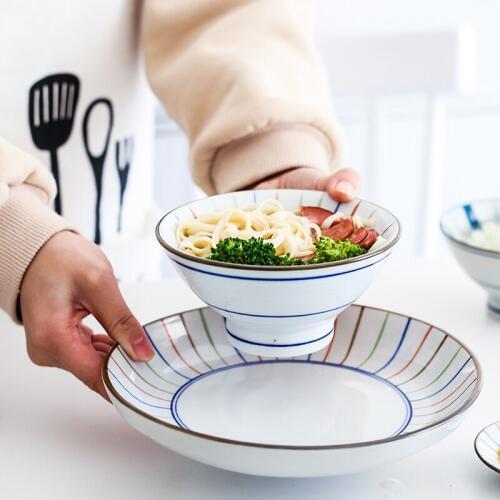 Set of 2pcs Dinner Plate Rice Bowl Chinese Cuisine Dinnerware Set Pasta Salad Dishes Ceramic Dinner Bowl (1 plate + 1 bowl)