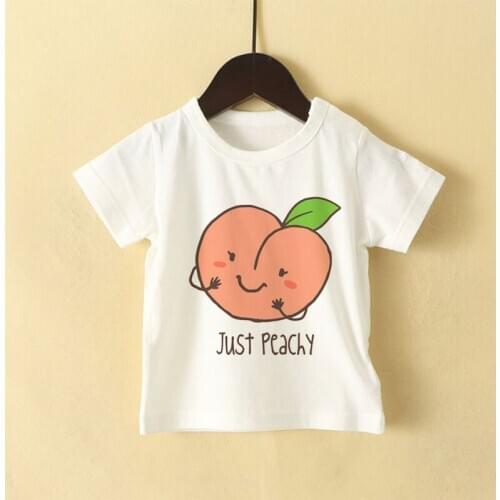 New Summer Boys Tshirt Cute Cartoon Peach Pattern Printed Girls T Shirts Leisure T Shirt Kids Fashion Short Sleeve White Clothes