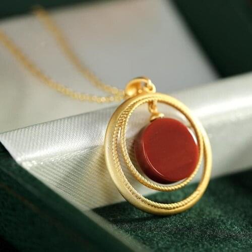 New S925 Sterling Silver Gold Plated Southern Red Agate Pendant Female Personality Simple round Stylish Elegant Necklace Pendant