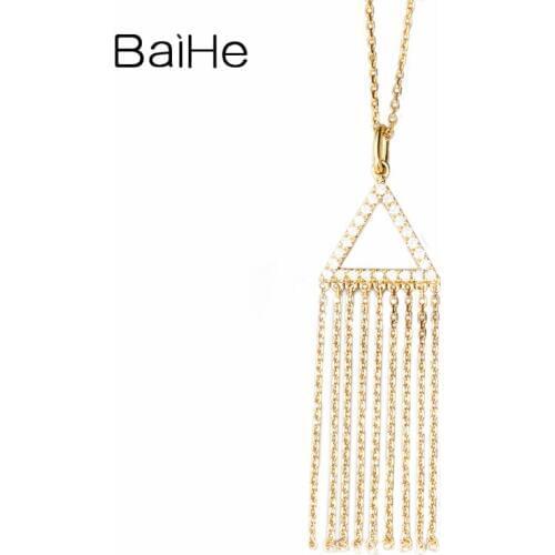 BAIHE Solid 18K Yellow Gold 0.20ct H/SI Natural Diamond Trendy Wedding Fine Jewelry Beautiful triangle diamond tassel Necklaces