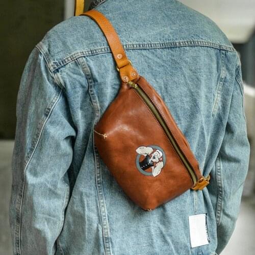 Simple casual high quality real leather men daily sports cartoon chest bag fashion hot sale designer cowhide messenger Waist bag