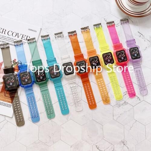 Newest Clear Band + Case for Apple Watch Band 42mm 44mm for iWatch Series 3 SE 5 4 6 2 1 Watch Band 38mm 40mm Plastic Strap