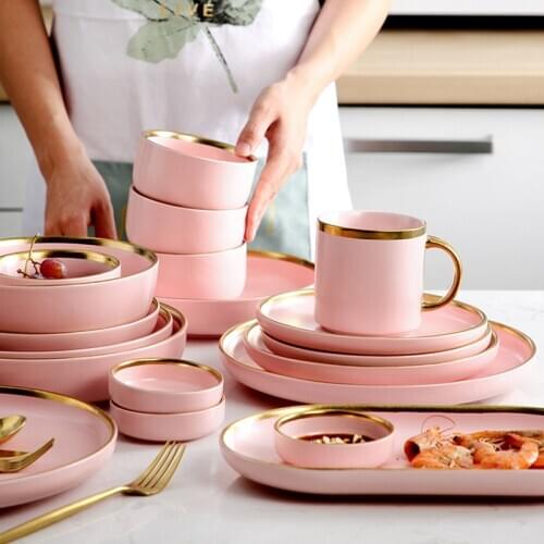Pink Ceramic Dinnerware Inlay Nordic Home Decoration Porcelain Dinner Plate Soup Bowl Cup Kitchen Restaurant Utensils Gifts Gold