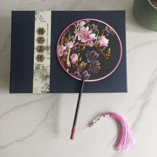 Su Embroidery Red Wood Long Handle Embroidery Hand Fan Manual Double-sided Embroidery Mounting Process Temperament Chinese