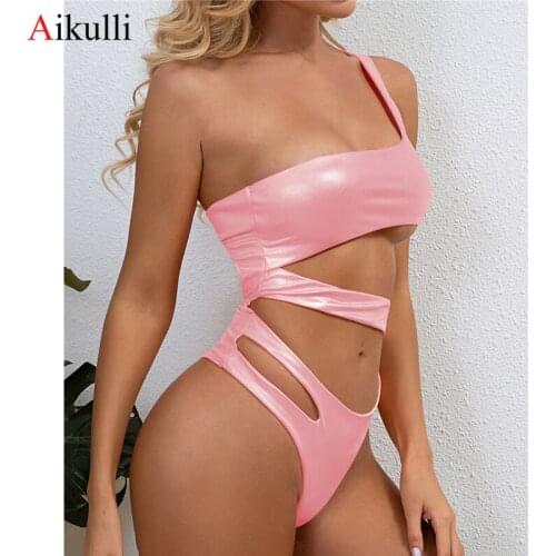 Sexy One shoulder One Piece Swimsuit Women Asymmetric Monokini Swimwear 2021 Summer Female Tummy Cut Out Beach Swim Bathing Suit