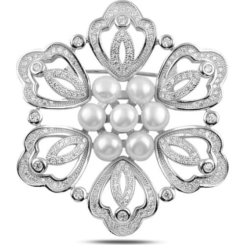 Silver 925 Sterling Pearl & Zircon Crystal Brooch