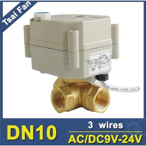 TF10-BH3-B 3 Way T/L Type Brass DN10 3/8'' Actuator Ball Valve With Manual Knob AC/DC9V-24V 3 Wires For Water Automatic Control