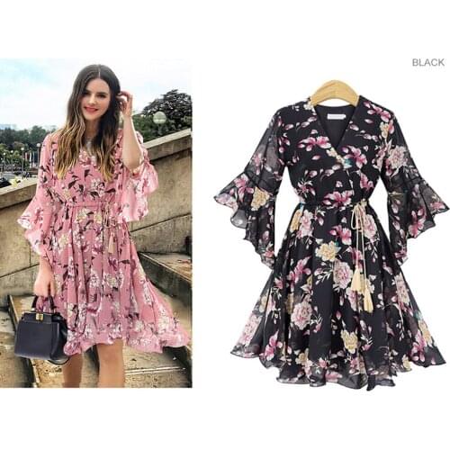 Chiffon High Elastic Waist Party Dress Bow A-line Women Petal Sleeve Flower Print Floral Boho Dress Female Vestido Plus Size