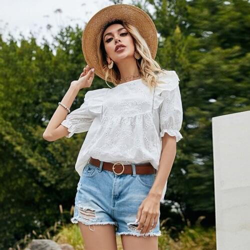 2021 spring new product fresh and sweet hook flower hollow out loose short-sleeved top women Chiffon Shirt O-Neck Elegant
