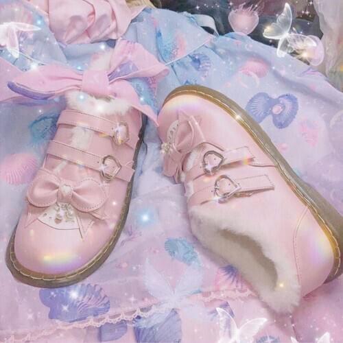 Plus Velvet Winter New Lolita Boots Low Heel Pu Women Shoes Big Size 40 41 Bow Knot Two Buckle Anime Cosplay Japanese Lolita