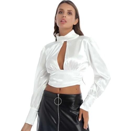 Women Satin Tops Elegant Office Lady Sexy Cutout T-Shirts Spring High Neck Puff Long Sleeve Backless Lace-Up Shirt Crop Top