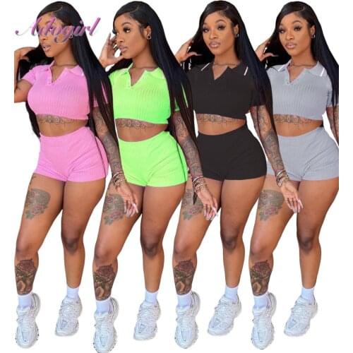 Fitness Women Tracksuit Casual Rib Knit Two Piece Set Solid Short Sleeve Crop Tps T-Shirt Shorts Outfit Sportwear Matching Set