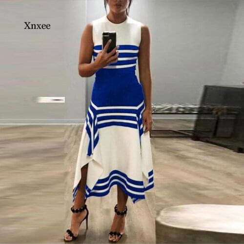 Blue White Stripe Print Irregular Dress Plus Size Summer Women Dress Casual Sleeveless O-neck Knee-length Fit and Flare clothes