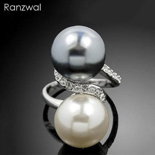 Ranzwal Fashion Big Double Simulated Pearl Rings for Women Rhinestone Inlay Finger Ring Jewelry Gifts US SIZE 6~9