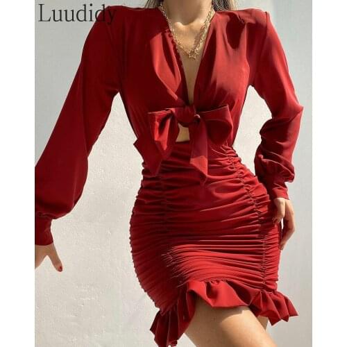 Women Sexy Solid Color Bowknot Front Ruffle Hem Ruched Bodycon Dress