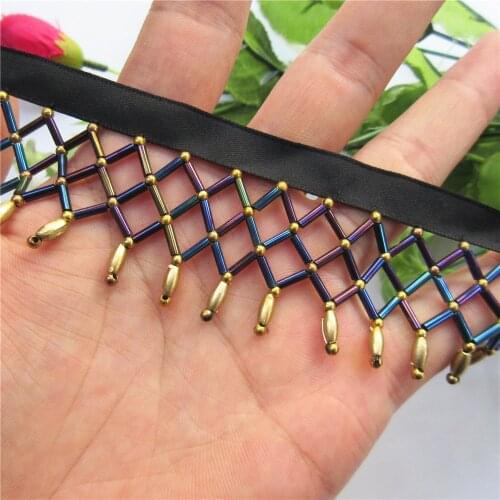 1yard Lattice Gold Colored Beads Tassel Lace Trim Knit Lace Ribbon Fabric Sewing Supplies Craft For Costume Decoration 4cm Wide