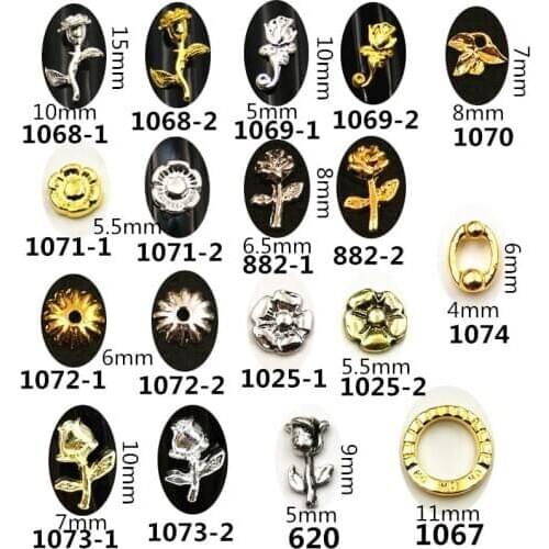 10Pcs/Lot Japan Gold Silver 3D Rose Flower Daisy Round Loop Metal Alloy Nail Art Deco Nail Stickers/Charms/ Tools for Manicure