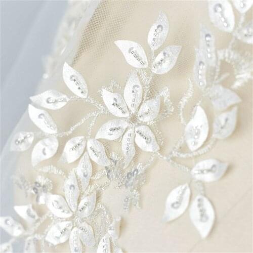 14x35cm 3D Flower Leaves Pearls Beading Lace Patches DIY Wedding Dress Veil Applique Sew-On V2705