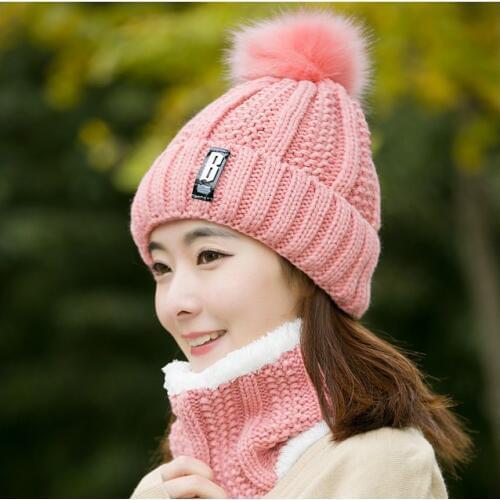 2Pcs/Set Wool Knitted Pompom Hat Women Ring Scarf Winter Fleece Warm Beanies Cap Scarves Suits Female Pom Pom Hats Neck Warmer