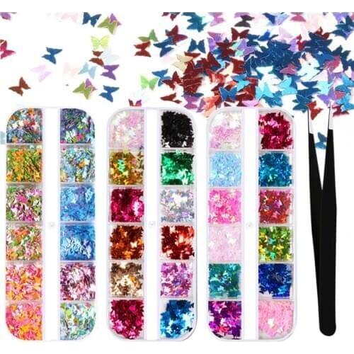 3 Boxes Colorful Butterfly Nail Sequins Glitter Chic Nail Decal Ultrathin Nail Art Decoration with Tweezer DIY Manicure Tools