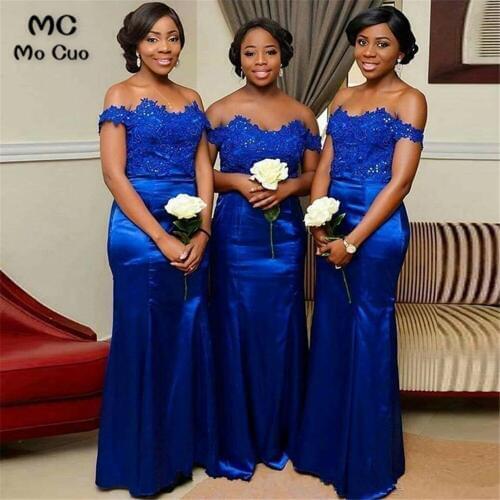 African Royer Blue Wedding Party Dress Mermaid Bridesmaid Dress Appliques Lace Short Sleeves Hard Satin Bridesmaid Dresses