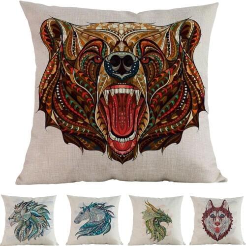 Watercolor National Totem Style Animal Head Eagle Wolf Bear Leopard Lion Dragon Pillow Case Home Sofa Decoration Cushion Cover