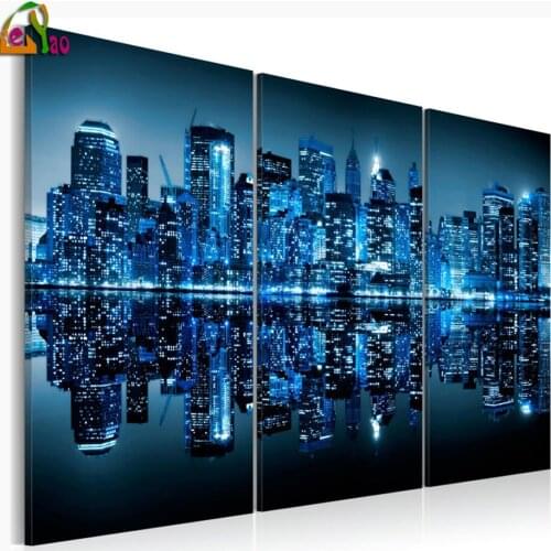 3 Piece MANHATTAN IN BLUE SHADE Diamond embroidery Diamond Painting Mosaic Triptych 5d Picture Landscape Art home Gift