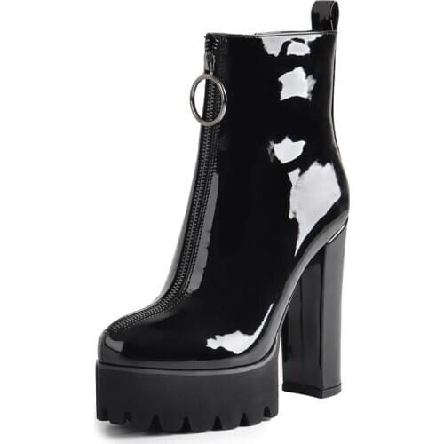 Platform Patent Leather Ankle Boots Thick High Heel Zipper For Women Plus Size us5~us15 For Ladies Black Booties