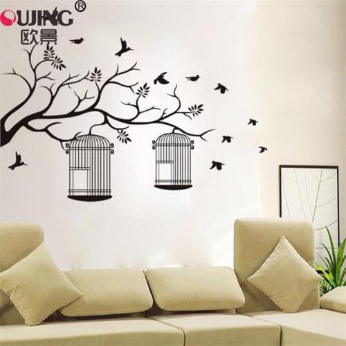 Black Branch Birdcage Flying Birds Hand Carved Wall Sticker 70*95cm Bedroom TV Sofa Wall Decoration Poster Vinyl Tree Wall Decal