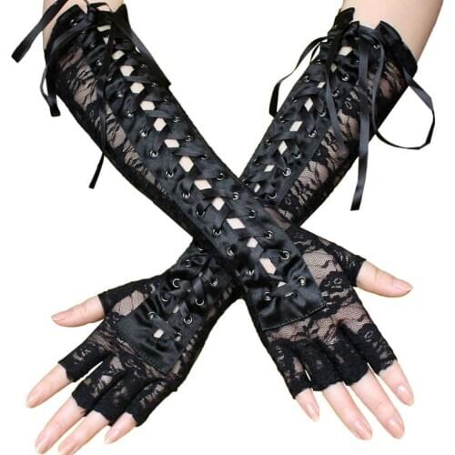 Women Sexy Floral Lace Elbow Length Half-Finger Gloves Black String Ribbon Ties Up Disco Dance Party Fingerless Fishnet Mesh