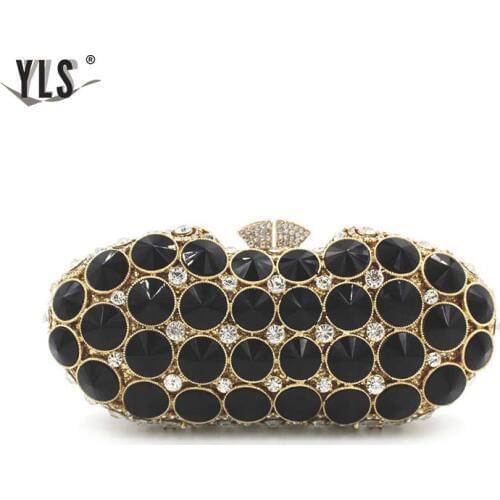 Elegant Black Gold Diamond Evening Clutches Bag Women Polka Dot Fashion Wedding Party Handbag Purse Bridal Crystal Clutch