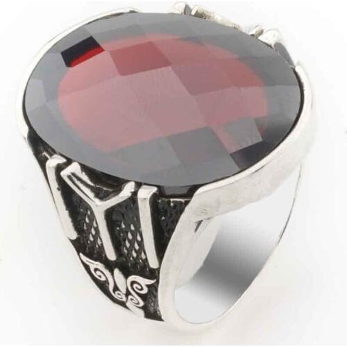 Red Zircon Stone Kayi Length a Detailed Silver Men 'S Ring